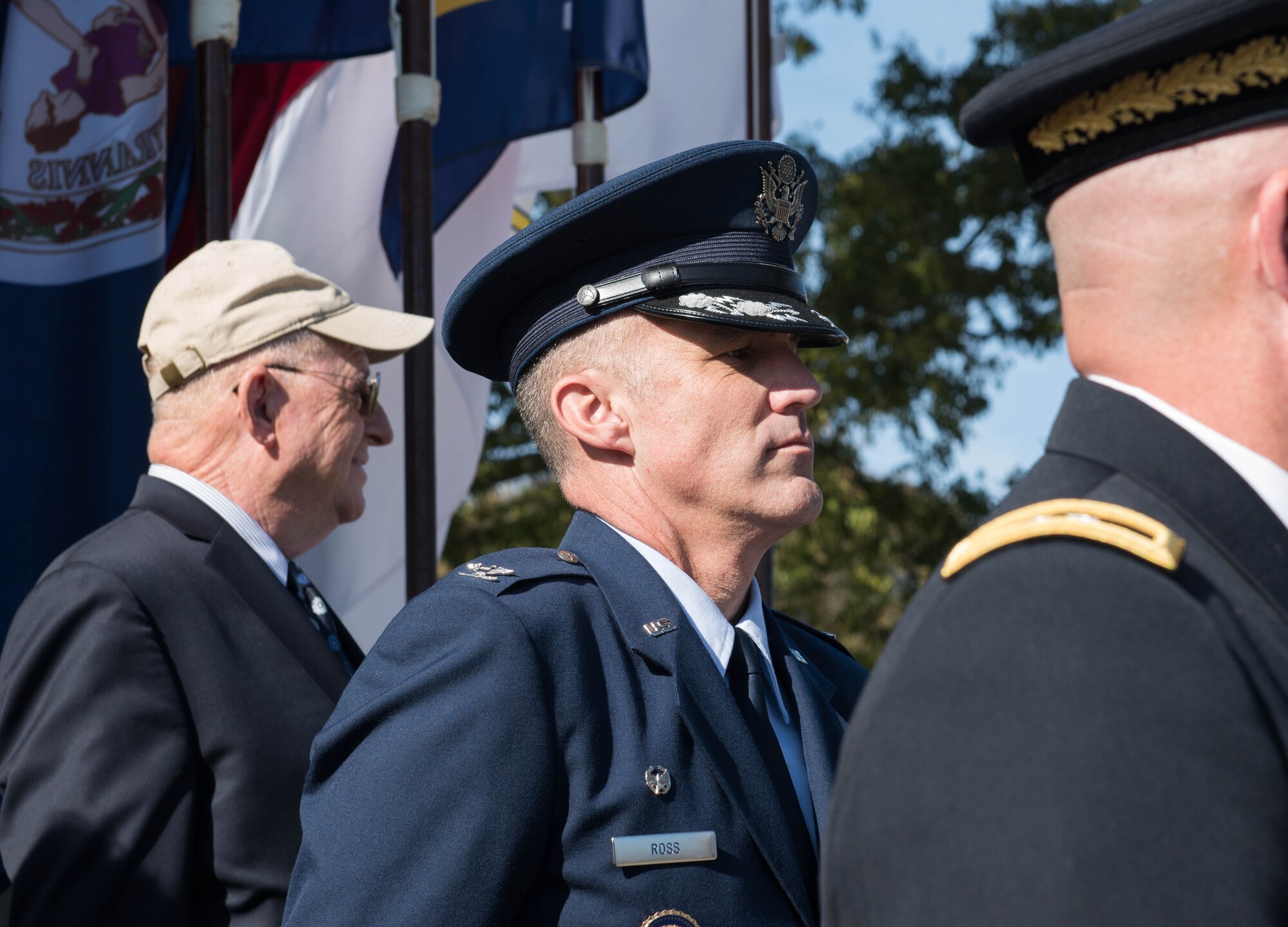 U.S. Air Force Col. Clinton Ross, 633rd Air Base Wing commander, stands in the reviewing stand at the Yorktown Day Parade at the Yorktown Battlefield, Virginia, Oct. 19, 2019. Airmen from Joint Base Langley-Eustis, Virginia, marched as a flight during the parade. (U.S. Air Force photo by Airman 1st Class Sarah Dowe)