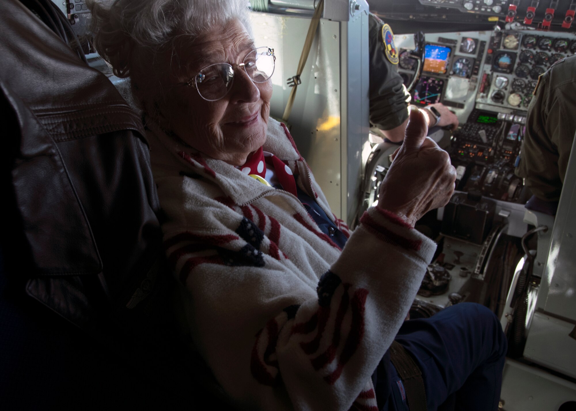 Mae Krier “Rosie the Riveter” poses for a photo during a flight on a KC-135 Stratotanker Oct. 22, 2019, at Joint Base Andrews, Md. Mae previously visited the wing where she met with Airmen, and returned for a flight on a KC-135 Stratotanker. Mae is also one of the original Rosie the Riveters from World War II. (U.S. Air Force photo/Staff Sgt. Cierra Presentado)
