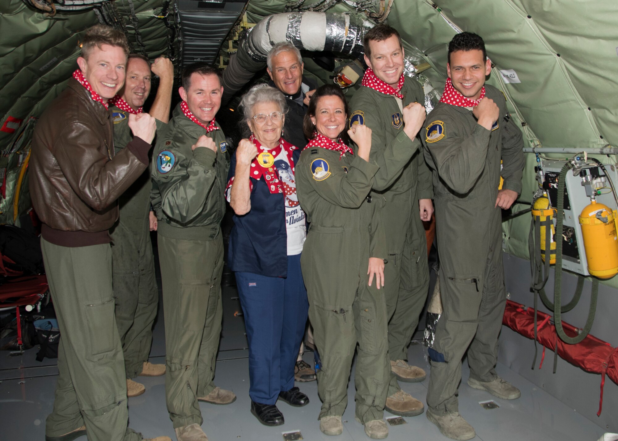 Mae Krier “Rosie the Riveter” poses for a photo with flight crew members from the 756th Air Refueling Squadron after returning from a refueling mission Oct. 22, 2019, at Joint Base Andrews, Md. Mae previously visited the wing where she met with Airmen, and returned for a flight on a KC-135 Stratotanker. Mae is also one of the original Rosie the Riveters from World War II. (U.S. Air Force photo/Staff Sgt. Cierra Presentado)