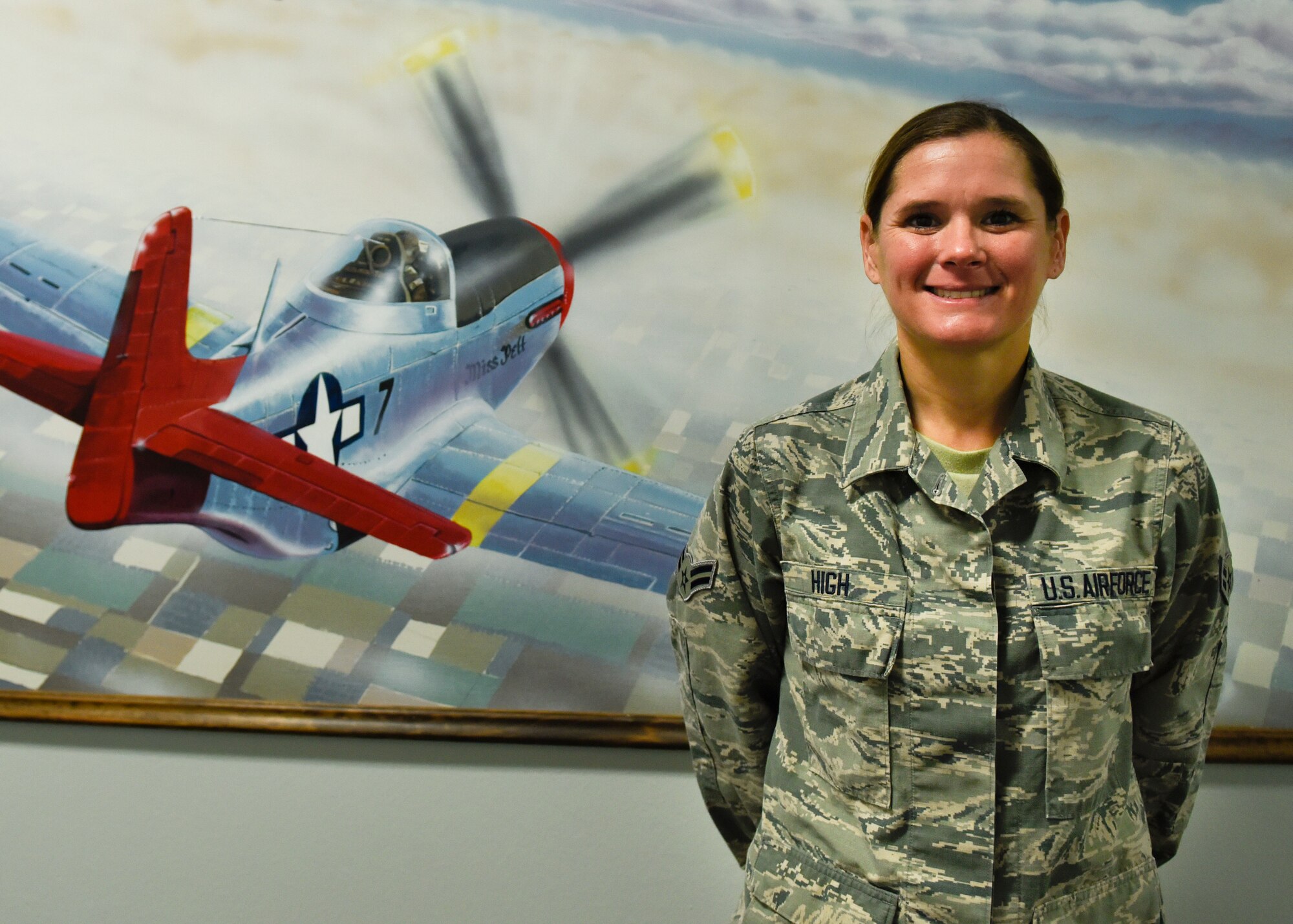 Airman 1st Class Dana High, 363rd Training Squadron maintenance management production apprentice course graduate, poses for a photo at Sheppard Air Force Base, Texas, Oct. 23, 2019. High was awarded the ACE award after receiving 100 percent scores on all six block tests in 33 days of instruction at Sheppard. (U.S. Air Force photo by Airman 1st Class Pedro Tenorio)