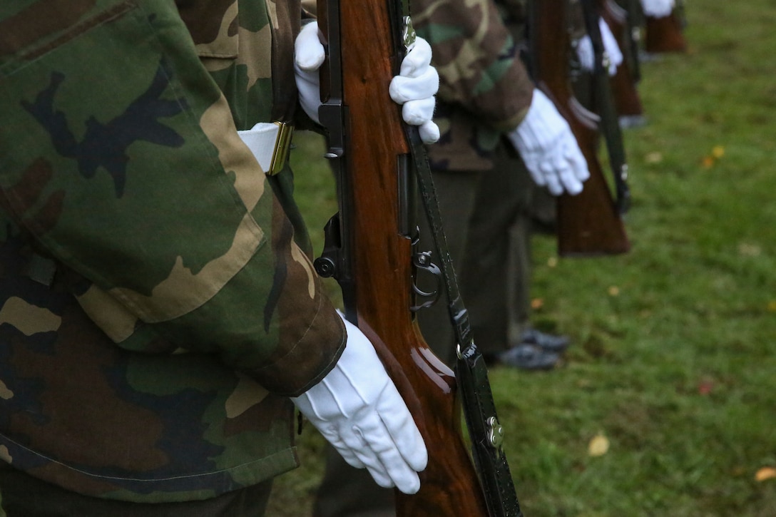 Marines with Marine Barracks Washington, D.C. sharpen their drill sequences during drill practice at the Marine Corps War Memorial, Arlington, Virginia, Oct. 23, 2019. The practice was held in preparation for the upcoming annual Marine Corps Wreath Laying Ceremony at the memorial. (U.S. Marine Corps photo by Sgt. Robert Knapp/Released)