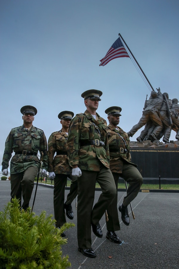 Marines with Marine Barracks Washington, D.C. sharpen their drill sequences during drill practice at the Marine Corps War Memorial, Arlington, Virginia, Oct. 23, 2019. The practice was held in preparation for the upcoming annual Marine Corps Wreath Laying Ceremony at the memorial. (U.S. Marine Corps photo by Sgt. Robert Knapp/Released)