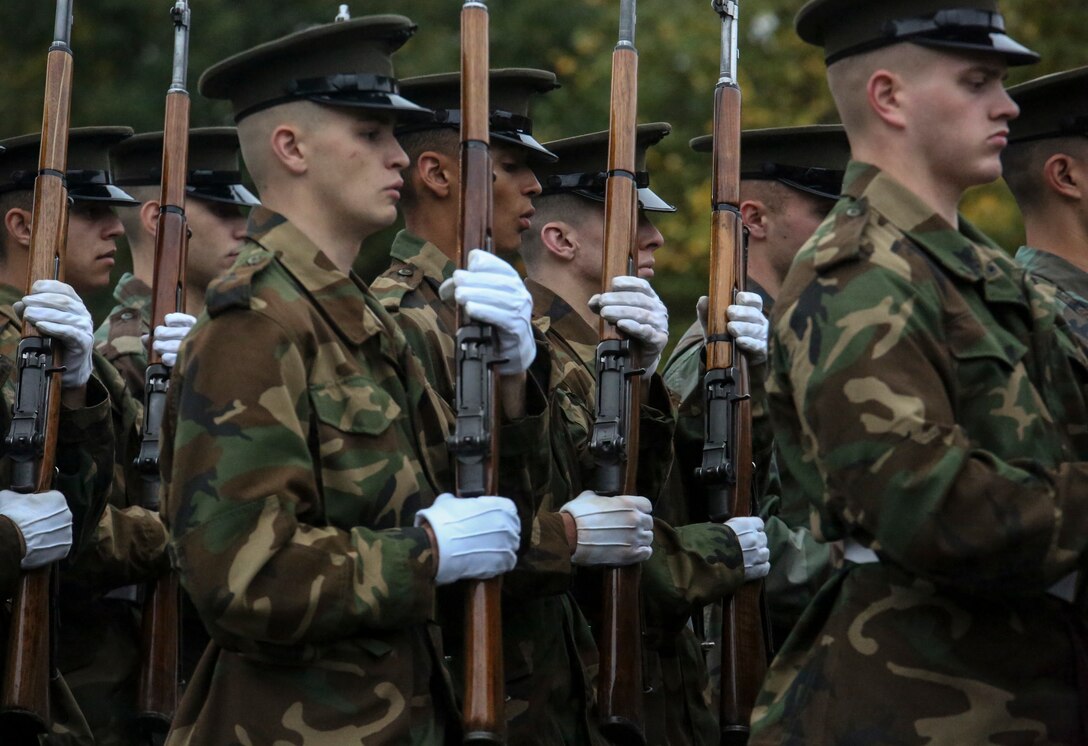 Marines with Marine Barracks Washington, D.C. sharpen their drill sequences during drill practice at the Marine Corps War Memorial, Arlington, Virginia, Oct. 23, 2019. The practice was held in preparation for the upcoming annual Marine Corps Wreath Laying Ceremony at the memorial. (U.S. Marine Corps photo by Sgt. Robert Knapp/Released)