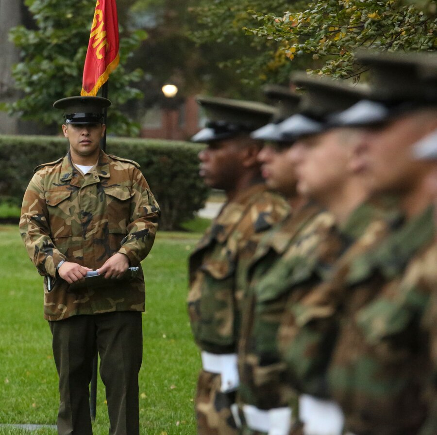 Marines with Marine Barracks Washington, D.C. sharpen their drill sequences during drill practice at the Marine Corps War Memorial, Arlington, Virginia, Oct. 23, 2019. The practice was held in preparation for the upcoming annual Marine Corps Wreath Laying Ceremony at the memorial. (U.S. Marine Corps photo by Sgt. Robert Knapp/Released)