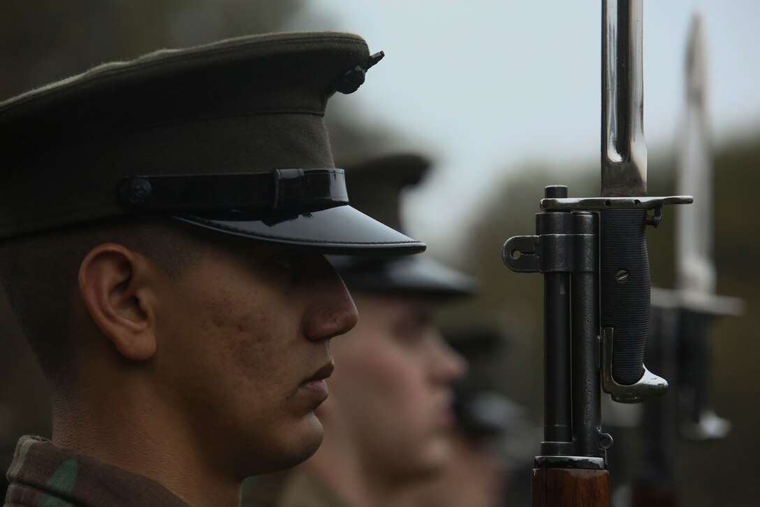Marines with Marine Barracks Washington, D.C. sharpen their drill sequences during drill practice at the Marine Corps War Memorial, Arlington, Virginia, Oct. 23, 2019. The practice was held in preparation for the upcoming annual Marine Corps Wreath Laying Ceremony at the memorial. (U.S. Marine Corps photo by Sgt. Robert Knapp/Released)