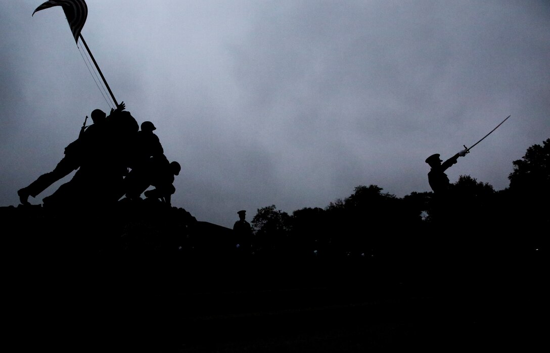 Marines with Marine Barracks Washington, D.C. sharpen their drill sequences during drill practice at the Marine Corps War Memorial, Arlington, Virginia, Oct. 23, 2019. The practice was held in preparation for the upcoming annual Marine Corps Wreath Laying Ceremony at the memorial. (U.S. Marine Corps photo by Sgt. Robert Knapp/Released)