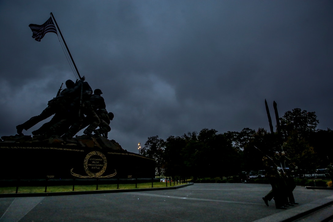 Marines with Marine Barracks Washington, D.C. sharpen their drill sequences during drill practice at the Marine Corps War Memorial, Arlington, Virginia, Oct. 23, 2019. The practice was held in preparation for the upcoming annual Marine Corps Wreath Laying Ceremony at the memorial. (U.S. Marine Corps photo by Sgt. Robert Knapp/Released)
