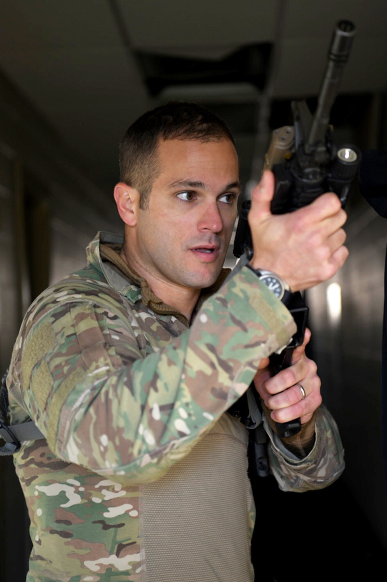 U.S. Air Force Master Sgt. Daniel Wilson, the unit training manager assigned to the 178th Security Forces Squadron, 178th Wing, Ohio Air National Guard, participates in advanced team tactics training with members of local law enforcement, Oct. 22, 2019, at Springfield-Beckley Air National Gaurd Base in Springfield, Ohio. The Ohio Tactical Officers Association provided this innovative training opportunity to local law enforcement to enhance their skills. (U.S. Air National Guard photo by Staff Sgt. Rachel Simones)