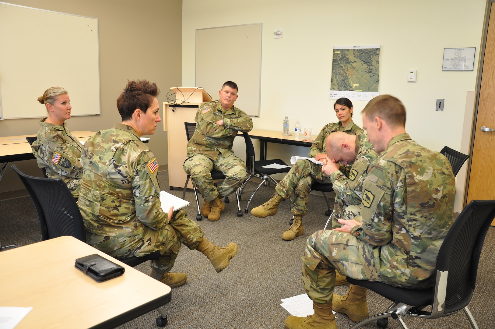 Soldiers from the South Dakota Army National Guard go through a role playing exercise during the Traumatic Event Management course at Camp Rapid in Rapid City, S.D., Oct. 10, 2019. The TEM course helped to develop the organization's response and support services throughout the state.