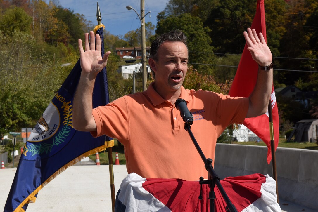 Paul Browning, Harlan County District 3 magistrate, speaks Oct. 21, 2019 during the dedication of Shepherd Street Bridge in Cumberland, Ky. The U.S. Army Corps of Engineers Nashville District and contractor Bush & Burchett, Inc., constructed the bridge as part of a flood risk reduction project on Looney Creek. (USACE photo by Lee Roberts)