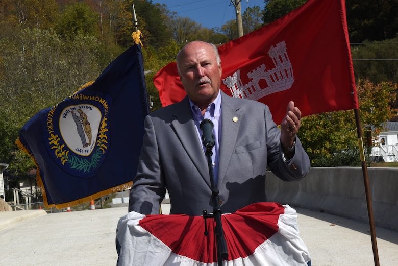 Kentucky Sen. Johnny Ray Turner, Kentucky 29th District, addresses the crowd Oct. 21, 2019 during the dedication of Shepherd Street Bridge in Cumberland, Ky. The U.S. Army Corps of Engineers Nashville District and contractor Bush & Burchett, Inc., constructed the bridge as part of a flood risk reduction project on Looney Creek. (USACE photo by Lee Roberts)