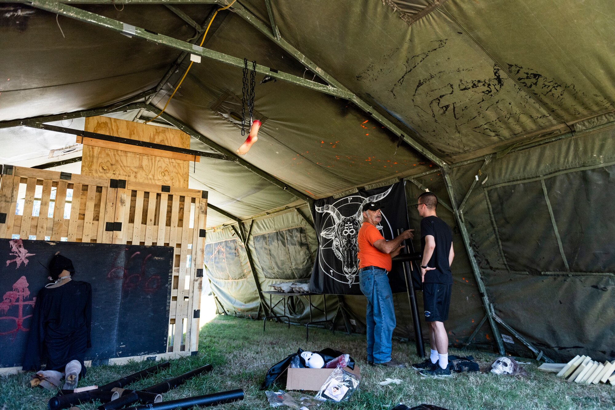 Volunteers set up the 40th Moooody Haunted House Oct. 10, 2019, in Valdosta, Ga. On average, it takes nearly 1,000 volunteer hours to construct and run the haunted house. It costs nearly $5K for the materials and decorations, and requires a minimum of 24 volunteers per night to operate the haunted house. (U.S. Air Force photo by Airman 1st Class Hayden Legg)
