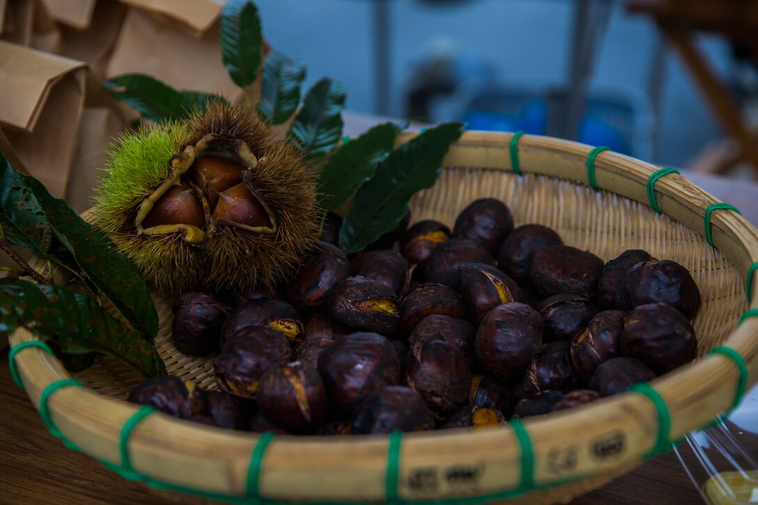 Roasted chestnuts are set out for participants of the Chestnut Festival to try in Miwa Town, Japan, Oct. 18, 2019. The Miwa Town Chestnut Festival is held every year to symbolize the end of the chestnut harvest.