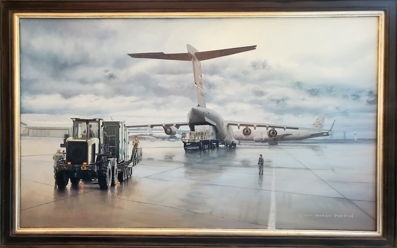 A painting of a C17 Globemaster being loaded by Airmen from the 49th Aerial Port Squadron at Grissom Air Reserve Base, Indiana was unveiled this fall at the 2019 IRT joint planning meeting for operational mission planners in Tysons Corner, Virginia. (U.S. Air Force painting by Senior Master Sgt. Darby Perrin)