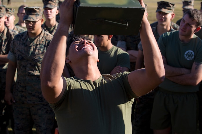 A U.S. Marine with Marine Corps Security Force Regiment (MCSFR), does ammunition can presses during a field meet October 18, 2019 at Naval Weapons Station Yorktown, Virginia.