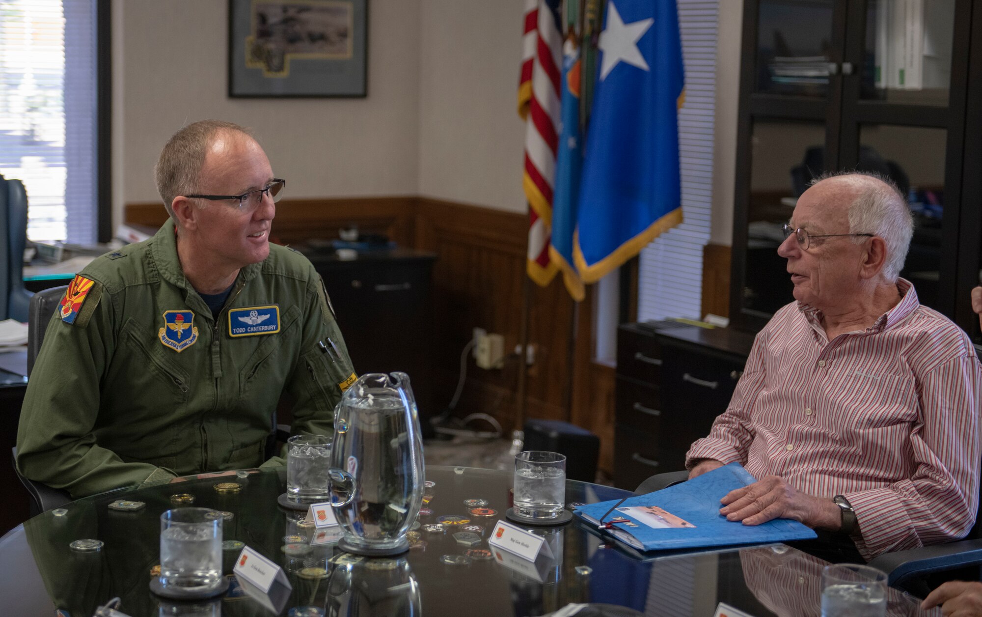 Brig. Gen. Todd D. Canterbury, 56th Fighter Wing commander, speaks to retired German air force Maj. Gen. Hans Juergen Merkle, former commander of the Cactus Starfighter Squadron, Oct. 18, 2019, at Luke Air Force Base, Ariz.