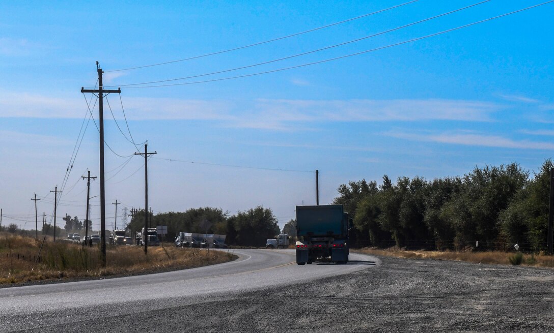 A contracted truck drives off after being weighed in Marysville, California, Oct. 10, 2019. There are some indicators that can be used to identify a truck but the license tags are not good indicators to use because the trailer gets switched multiple times to different trucks. (U.S. Air Force Photo by Senior Airman Colville McFee)