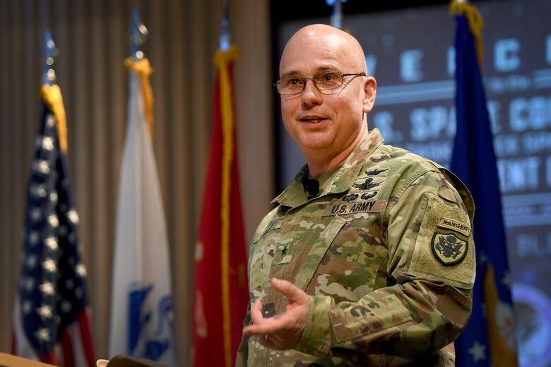 SCHRIEVER AIR FORCE BASE, Colo. – Army Brig. Gen. Thomas James, Joint Task Force-Space Defense commander, addressed the audience during the formal task force establishment ceremony at Schriever Air Force Base, Colorado, Oct. 21, 2019. James, an Army space operations officer, has served in space-related assignments for 19 years; his last assignment was as the deputy commander for U.S. Strategic Command Joint Functional Component Command for Space. (U.S. Air Force photo by Dennis Rogers)