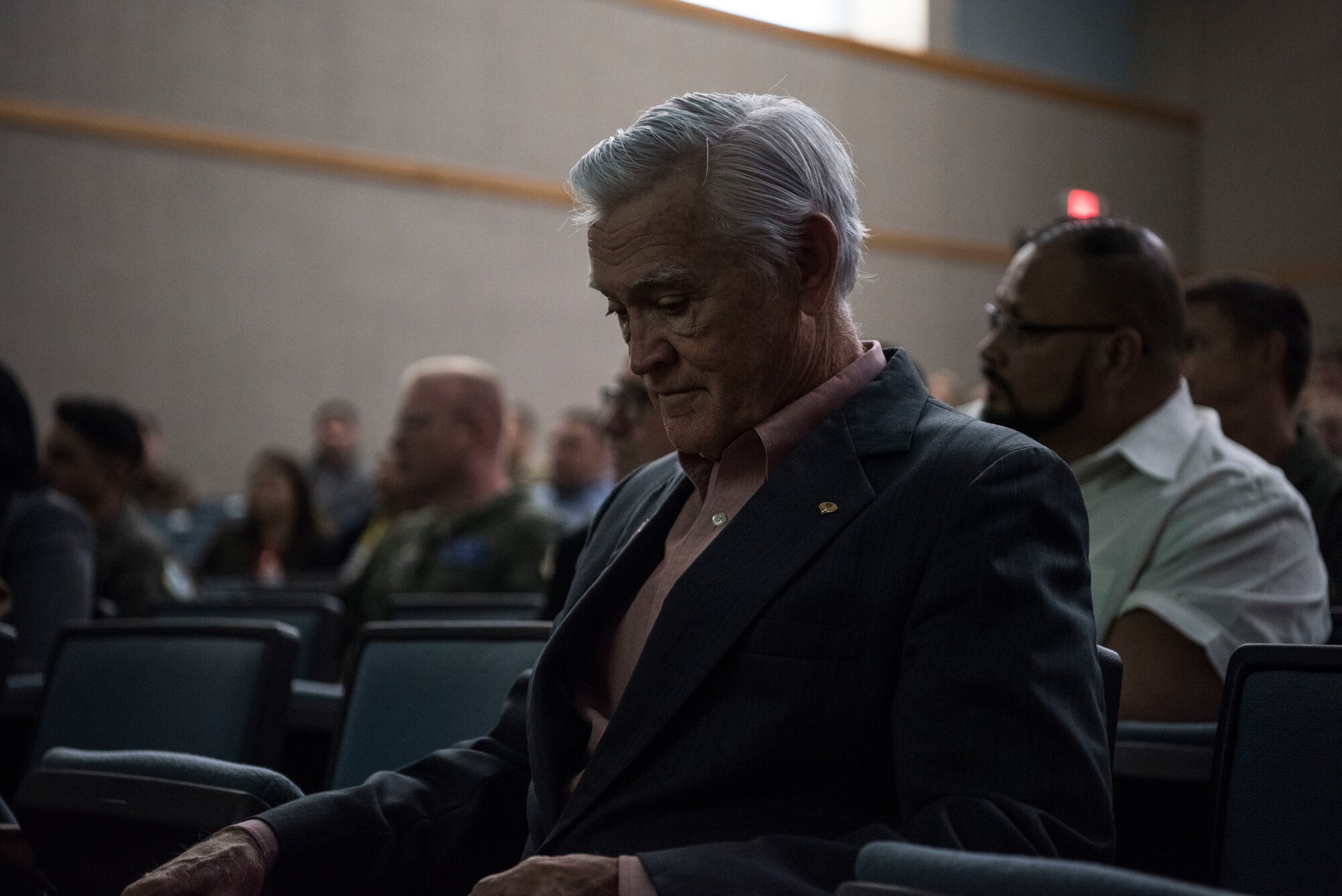 U.S. Air Force retired Lt. Col. Barry Bridger, former Prisoner of War, prepares to present at Laughlin Air Force Base, Texas, Oct. 23, 2019. Bridger spoke to members of Team XL about his time as a POW in the infamous Hanoi Hilton. (U.S. Air Force photo by Senior Airman Marco A. Gomez)
