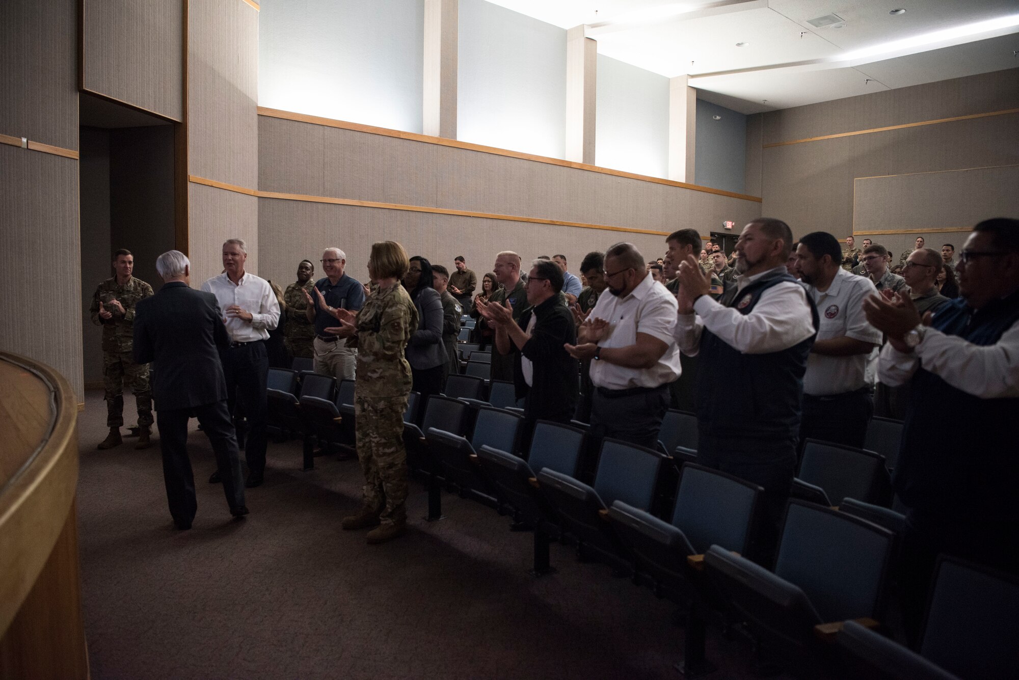 U.S. Air Force retired Lt. Col. Barry Bridger, former Prisoner of War, thanks members of Team XL for their hospitality at Laughlin Air Force Base, Texas, Oct. 23, 2019. Bridger spoke to members of Team XL about his time as a POW in the infamous Hanoi Hilton. (U.S. Air Force photo by Senior Airman Marco A. Gomez)