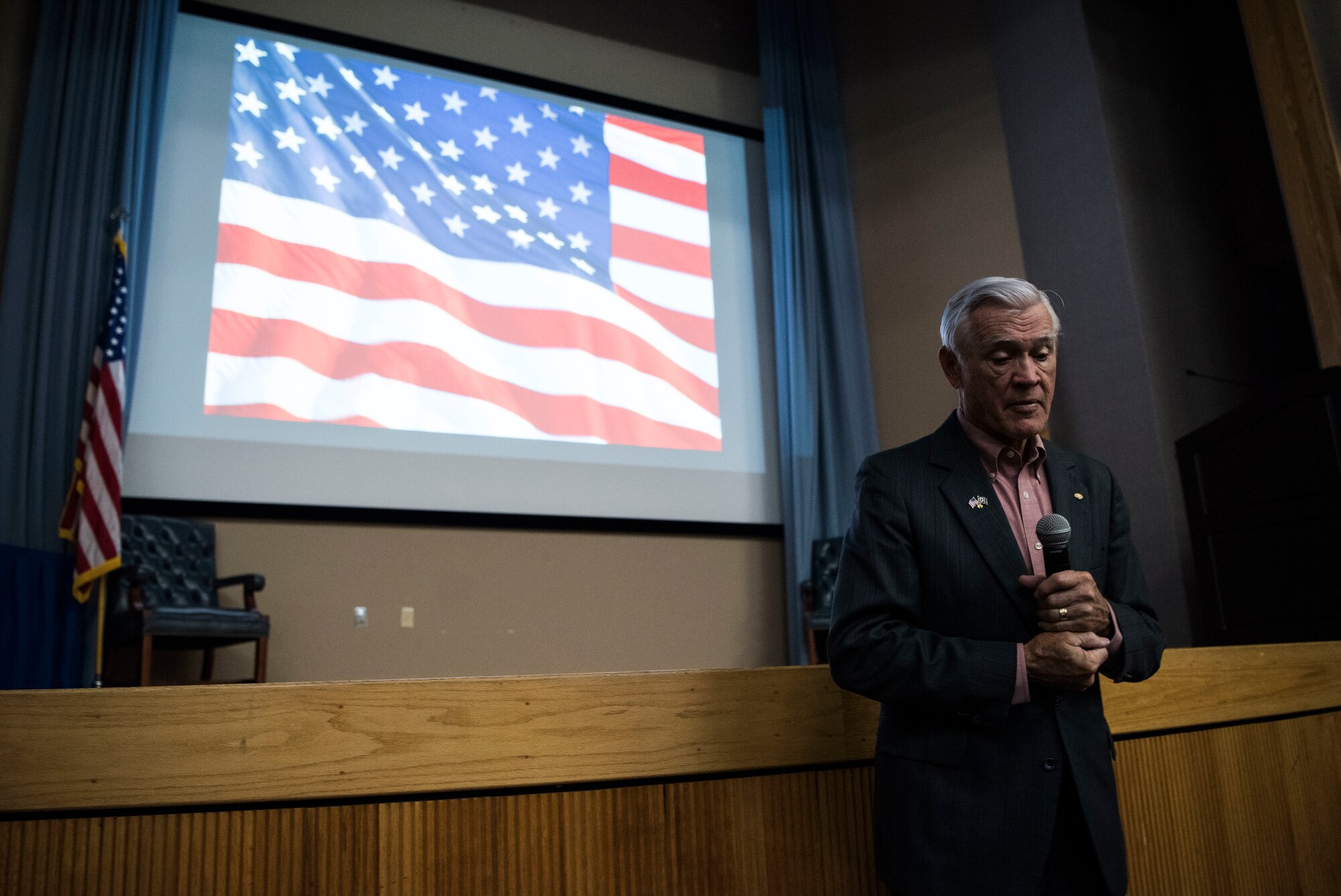 U.S. Air Force retired Lt. Col. Barry Bridger, former Prisoner of War, gives his closing remarks at Laughlin Air Force Base, Texas, Oct. 23, 2019. Bridger spoke to members of Team XL about his time as a POW in the infamous Hanoi Hilton. (U.S. Air Force photo by Senior Airman Marco A. Gomez)