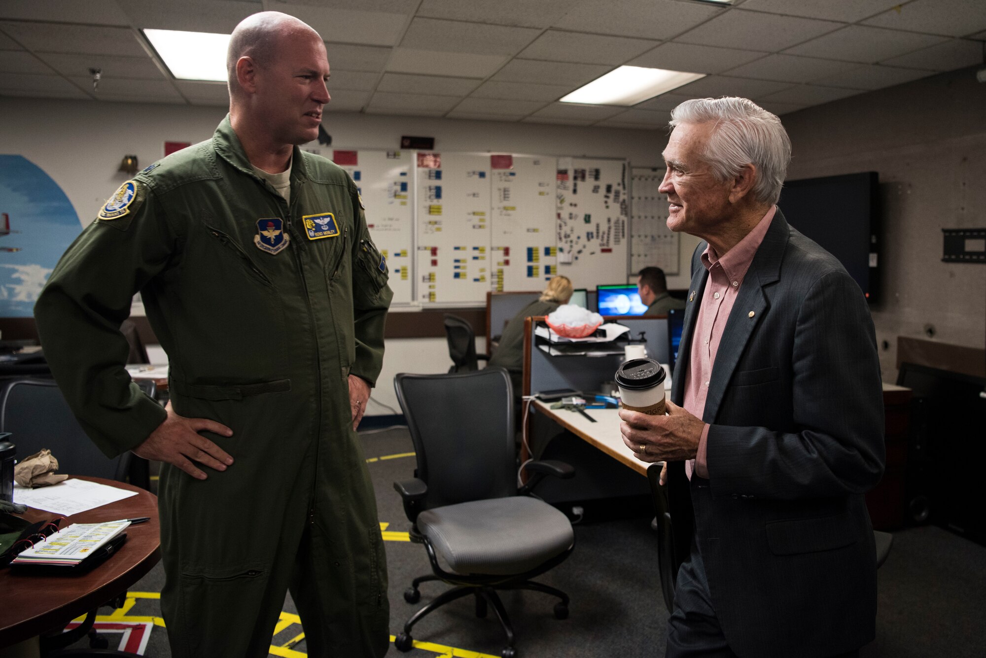 Lt. Col. Gentry Mobley, 85th Flying Training Squadron commander, speaks to retired Lt. Col. Barry Bridger, former Prisoner of War, at Laughlin Air Force Base, Texas, Oct. 23, 2019. Mobley gave Bridger a tour of the innovative technology student pilots get to interact with. (U.S. Air Force photo by Senior Airman Marco A. Gomez)