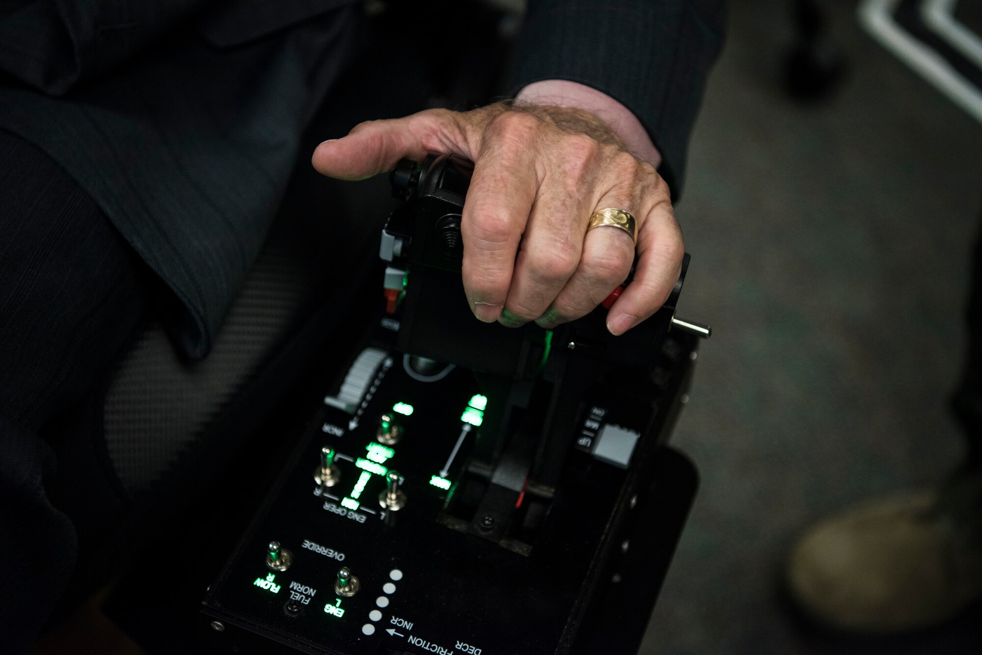 U.S. Air Force retired Lt. Col. Barry Bridger, former Prisoner of War, takes off in a virtual flight simulator at Laughlin Air Force Base, Texas, Oct. 23, 2019. Bridger was given a close look at the innovative technology used to train the next generation of combat aviators. (U.S. Air Force photo by Senior Airman Marco A. Gomez)