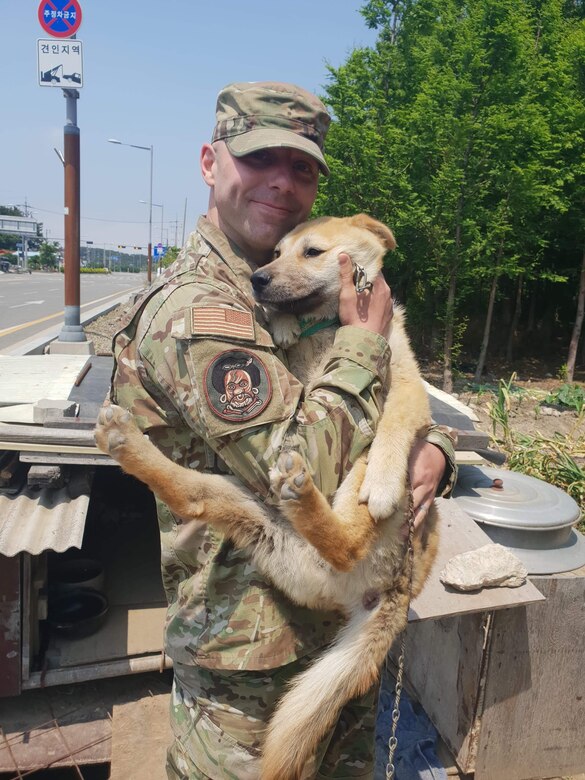 Master Sgt. Mason Bergeron, 8th Operations Support Squadron aircraft flight equipment flight chief and Dog Land Outreach president, rescues one of the “garden pups” with help from Lee, Jung-Ho, Gunsan Dog Land director, in Gunsan, Republic of Korea. Bergeron has recruited more than 150 active duty military members to volunteer at Gunsan Dog Land since arriving at Kunsan Air Base in March 2019. (Courtesy Photo)