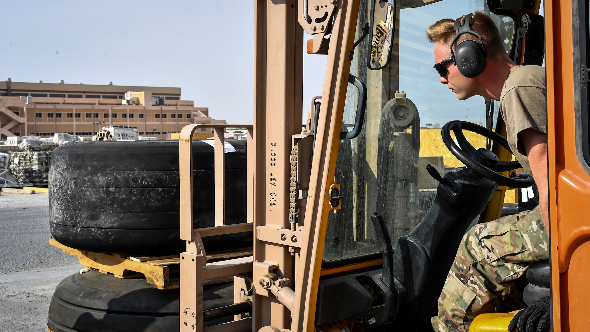 Senior Airman Dalton McWilliams, 386th Expeditionary Logistics Readiness Squadron aerial port cargo processing representative, operates a forklift at Ali Al Salem Air Base, Kuwait, Oct. 17, 2019. The aerial port here has contributed to more than 600 missions, moved nearly 12,000 passengers and over 4,000 tons of cargo in the last month, making them one of the busiest aerial ports in the world.