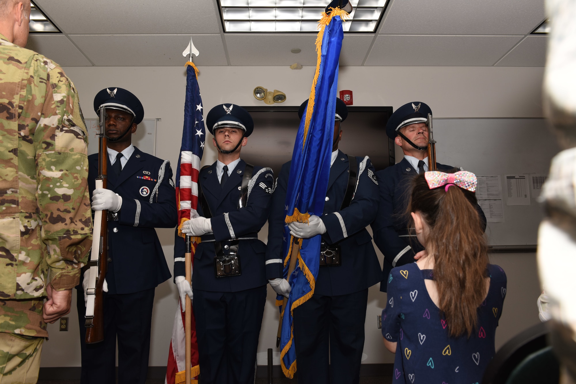 Members of the 911th Airlift Wing Honor Guard present the colors during a chief induction ceremony at the Pittsburgh International Airport Air Reserve Station, Pennsylvania, Oct. 5, 2019.