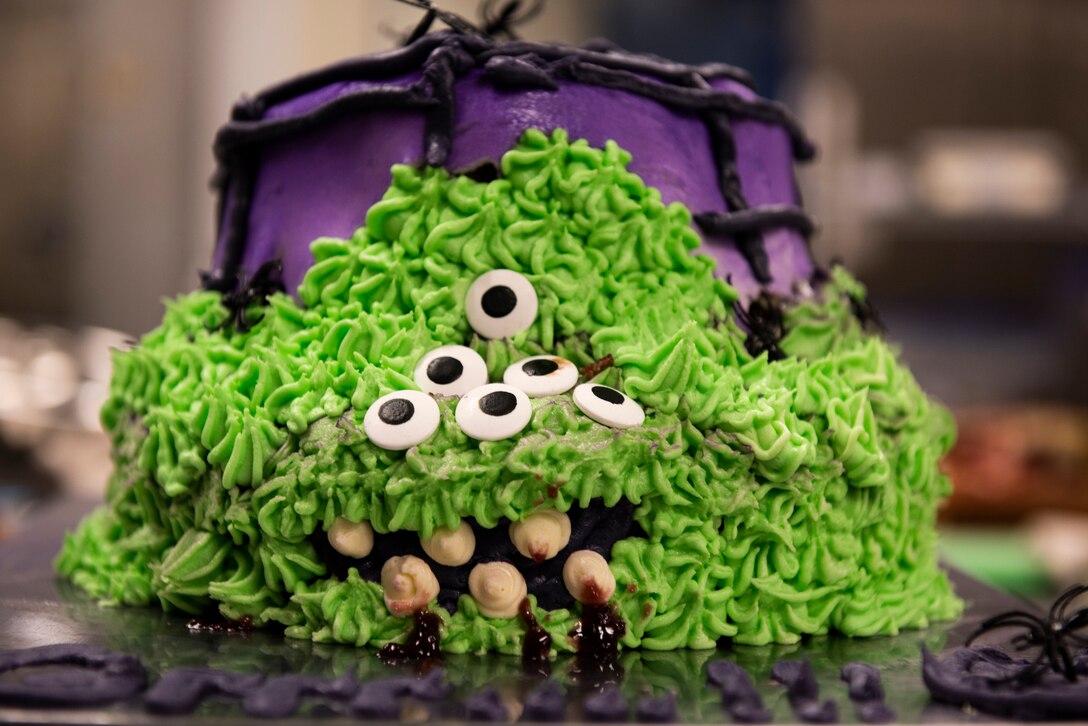 A cake waits to be served to the judges during a Scary Cake Bake-Off Oct. 23, 2019, at Moody Air Force Base, Ga. The event, hosted by the 23d Force Support Squadron, pitted two teams against each other to bake and design a Halloween-themed cake. In the end, the three judges declared Ight Imma Head Out the winning team. (U.S. Air Force photo by Airman Elijah M. Dority)