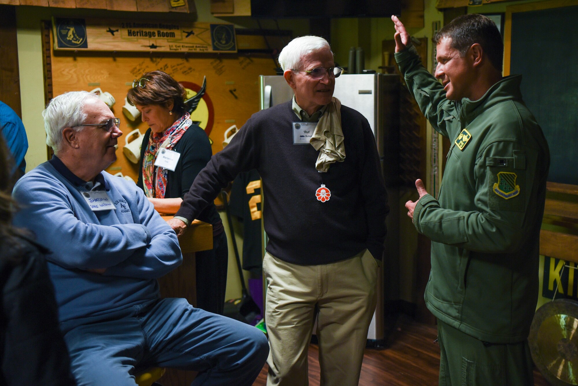 U.S. Air Force Col. David Lopez, 1st Fighter Wing commander, chats with 1 FW alumni during the 1st Fighter Wing Association Reunion at Joint Base Langley-Eustis, Virginia, Oct. 18, 2019. Lopez interacted with several attendees, and briefed them on the 1 FW’s current mission and combat readiness. (U.S. Air Force photo by Airman 1st Class Marcus M. Bullock)