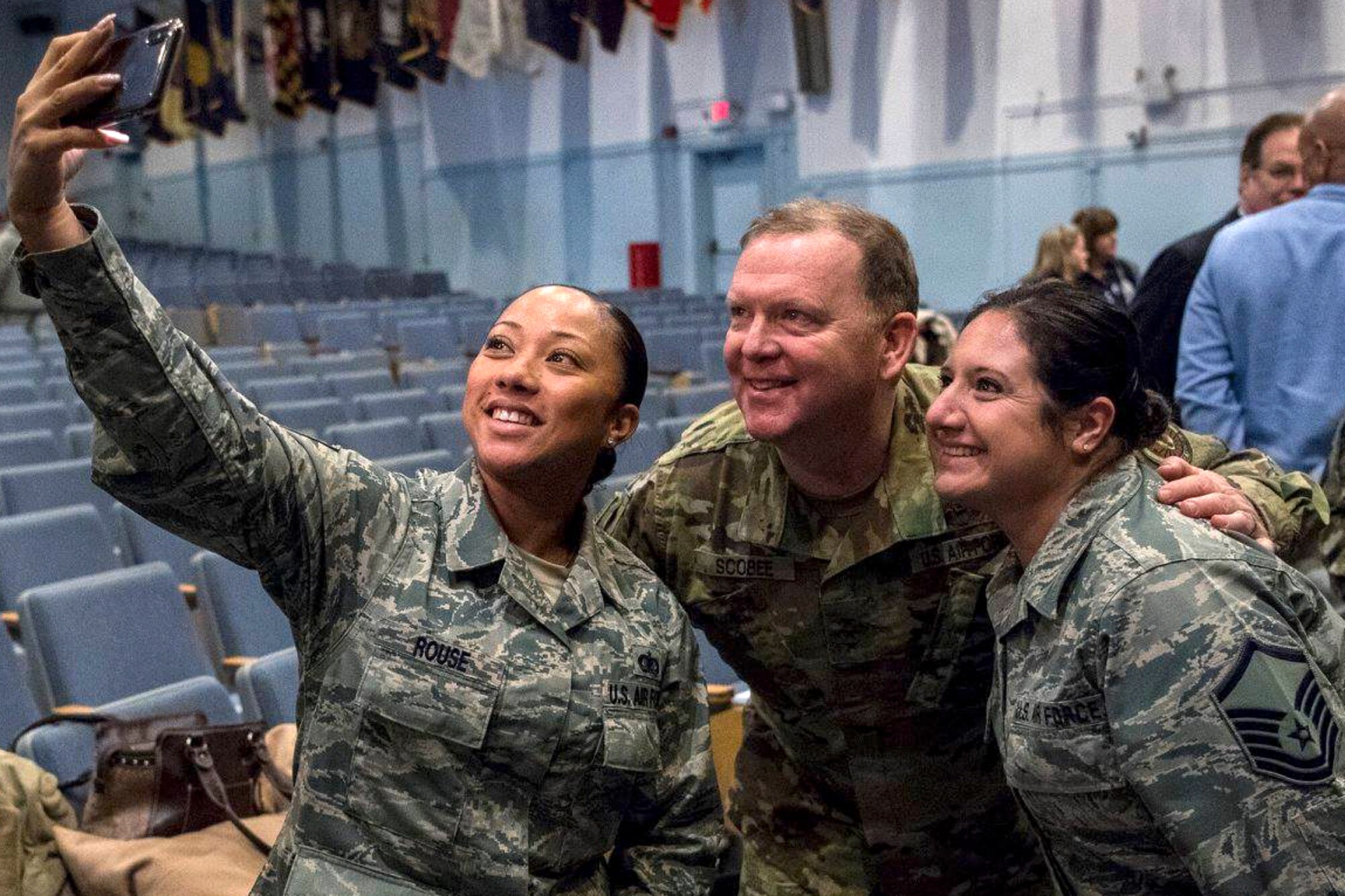 Lt. Gen. Richard W. Scobee, Commander, Air Force Reserve Command, posses for a selfie with Airmen during a visit to the 514th Air Mobility Wing on Joint Base McGuire-Dix-Lakehurst, N.J., January 12, 2018. Scobee visited the 514 AMW to become more familiar with the units capabilities and the Reserve Citizen Airmen that serve within them. (U.S. Air Force photo by Staff Sgt. Sean M. Evans)
