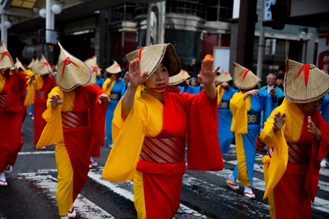 Local Japanese volunteers participate in the 63rd Iwakuni Matsuri parade in Iwakuni City, Japan, Oct. 20, 2019. The Iwakuni Matsuri Festival is an annual festival and parade that features the local community and local organizations coming together to promote safety and development in the city.