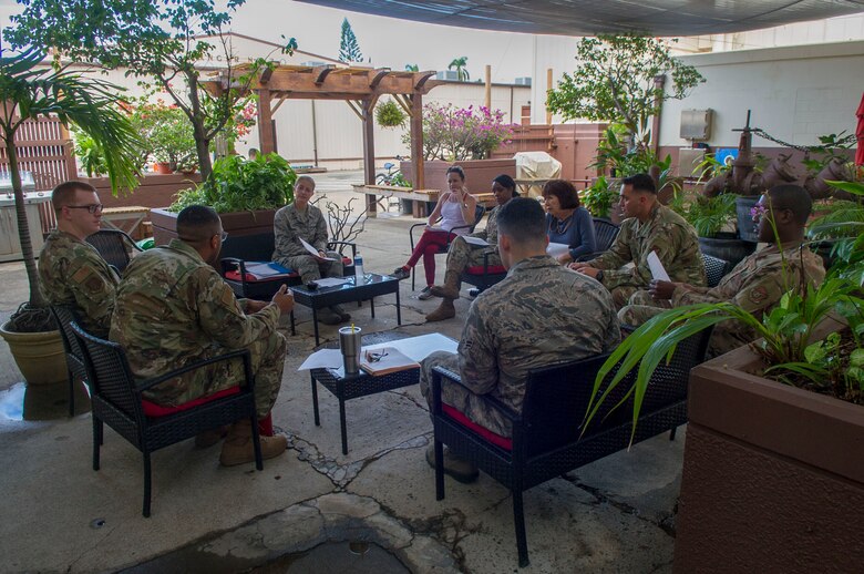 Maj. Kirsten DeLambo, 15th Medical Group Mental Health flight commander, leads a discussion about mindfulness at the 613th Air Operations Center on Joint Base Pearl Harbor-Hickam, Hawaii, Oct. 16, 2019. This was the first mindfulness class put together by the Holistic Health Team. The HHT is comprised of representatives from the helping agencies and the medical community to include mental health, flight medicine, health promotions, sexual assault response coordinator, chaplain, and violence prevention integrator. (U.S. Air Force photo by Staff Sgt. Mikaley Kline)
