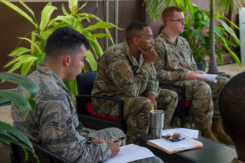 Airmen attend a discussion about mindfulness at the 613th Air Operations Center on Joint Base Pearl Harbor-Hickam, Hawaii, Oct. 16, 2019. Mindfulness is defined as a mental state achieved by focusing one’s awareness on the present moment while calmly acknowledging and accepting one’s feelings, thoughts and bodily sensations. Classes like these help provide Airmen with information and tools to increase their confidence and competence in their ability to seek help for themselves and others. (U.S. Air Force photo by Staff Sgt. Mikaley Kline)