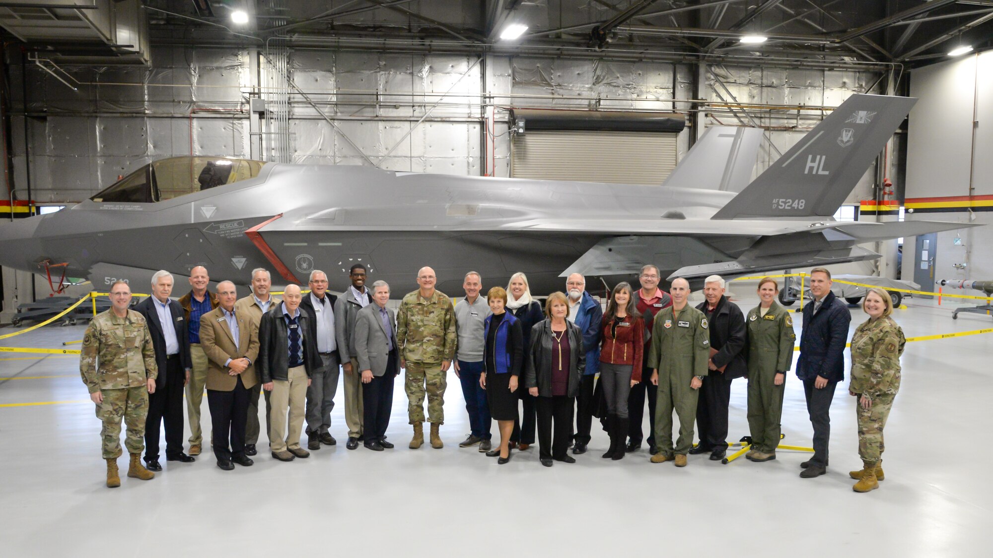 Community leaders from around the country gather for a group photo with Gen. Arnold W. Bunch, Jr., commander for Air Force Material Command, and other Air Force leaders during a base visit Oct. 21, 2019, at Hill Air Force Base, Utah. The community leaders are members of the command's Civic Leader Program, and meet twice annually to hear updates on AFMC and Air Force issues. (U.S. Air Force photo by Cynthia Griggs)