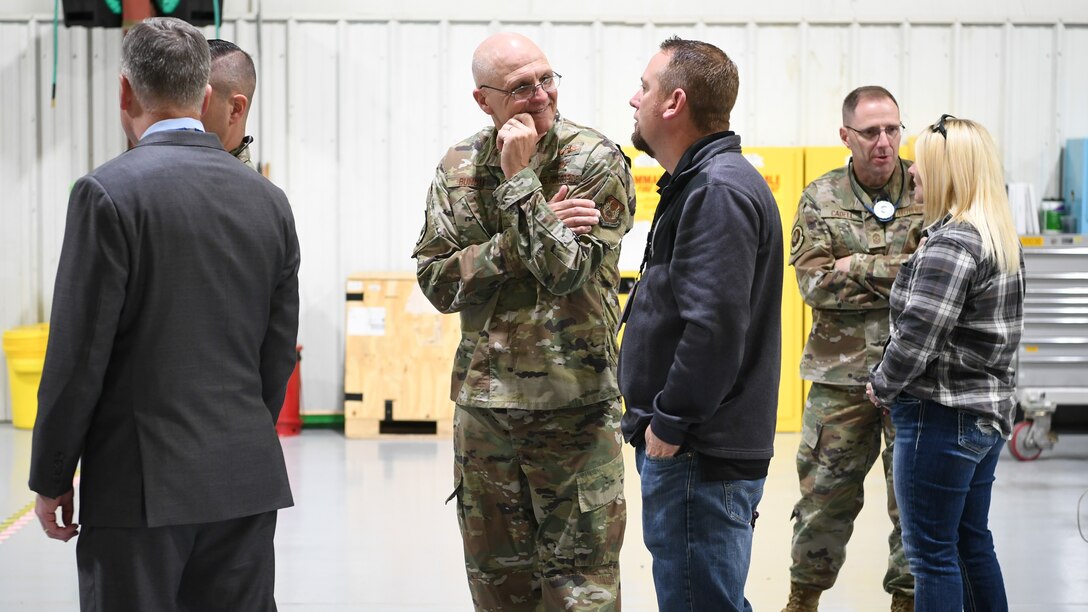 Gen. Arnold W. Bunch, Jr., commander for Air Force Material Command, visits with workers from the Ogden Air Logistics Complex, during a base visit Oct. 22, 2019, at Hill Air Force Base, Utah. The general and community leaders from around the country visited Hill as part of the command’s Civic Leader Program. The CLP members meet twice annually to hear updates on AFMC and Air Force issues. (U.S. Air Force photo by Cynthia Griggs)