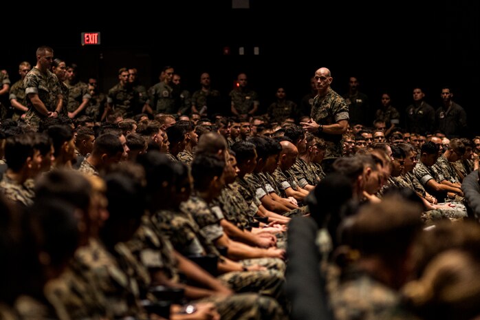 Sergeant Major of the Marine Corps Sgt. Maj. Troy E. Black addresses Marines at Marine Corps Air Station Iwakuni, Japan, Aug. 21, 2019. Black visited MCAS Iwakuni during a tour of Marine Corps installations around the globe. The visit was conducted in order to provide guidance to Marines after the appointment of a new commandant and sergeant major.