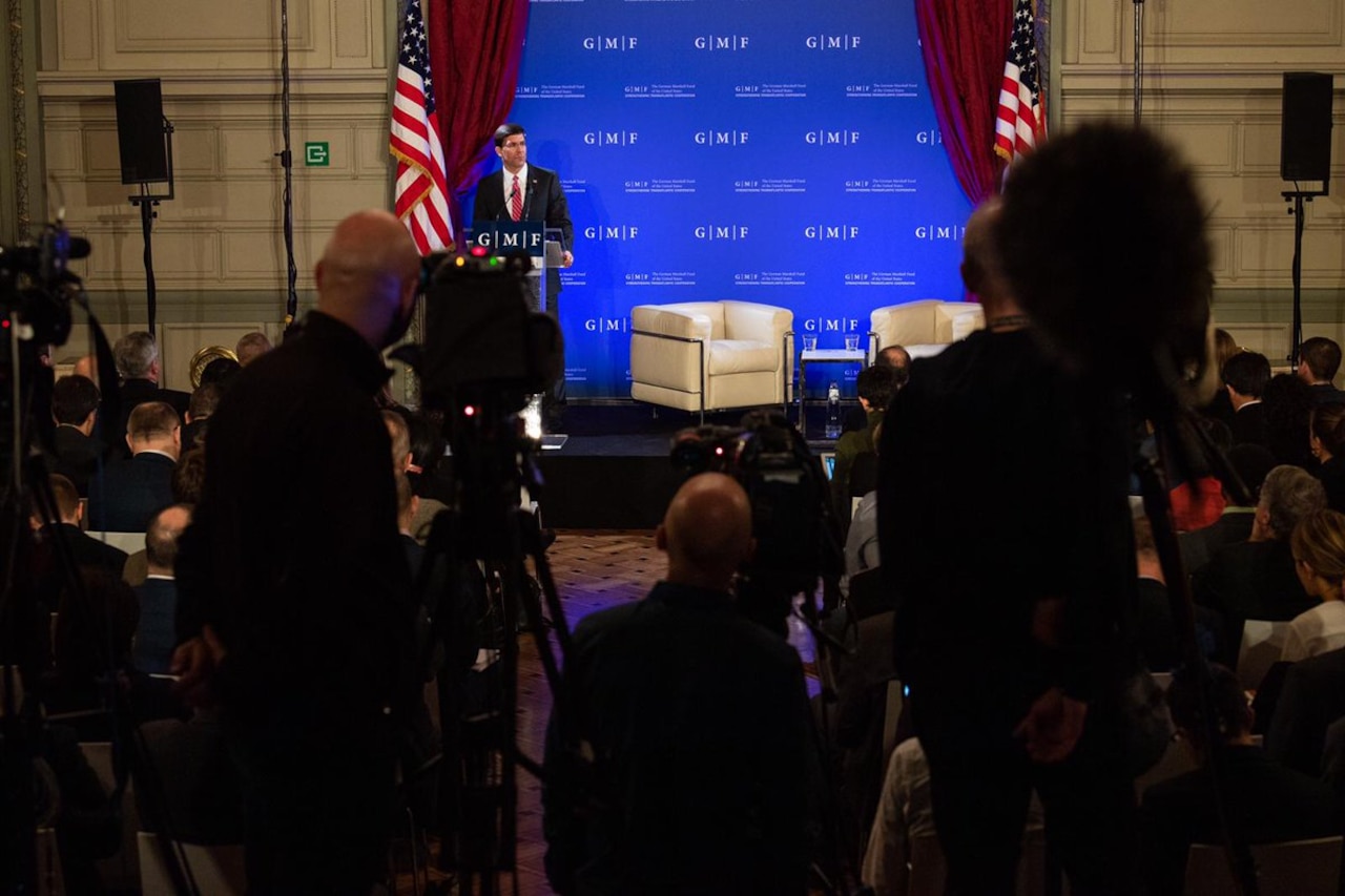 Defense Secretary Dr. Mark T. Esper  speaks to a crowd.