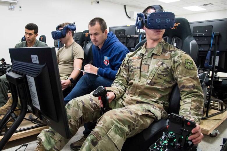 Future student of Pilot Training Next version three conducts a virtual reality flight at Joint Base San Antonio-Randolph, Texas, Oct. 22, 2019, as part of a collaborative research agreement between PTN and NASA. The partnership will focus on biometric data collection and the application of emerging technology into PTN curriculum that will innovate the student pilot learning environment. (U.S. Air Force photo by Sean M. Worrell)