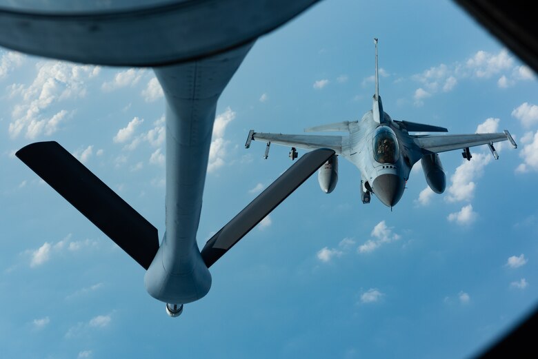 A Republic of Korea Air Force F-16D Fighting Falcon prepares to refuel with a KC-135 Stratotanker from the 909th Air Refueling Squadron during a training exercise Oct. 8, 2019. The 909th ARS from Kadena Air Base trained with the ROKAF Falcons to deepen interoperability, enhancing joint lethality to maintain peace in a contested environment. The United States and Republic of Korea continue to build a comprehensive strategic alliance of bilateral, regional, and global scope based on common values and mutual trust. This alliance will strengthen the combined defense posture on the Korean Peninsula and enhance cooperation for regional and global security in the 21st century. (U.S. Air Force photo by Senior Airman Cynthia Belío)