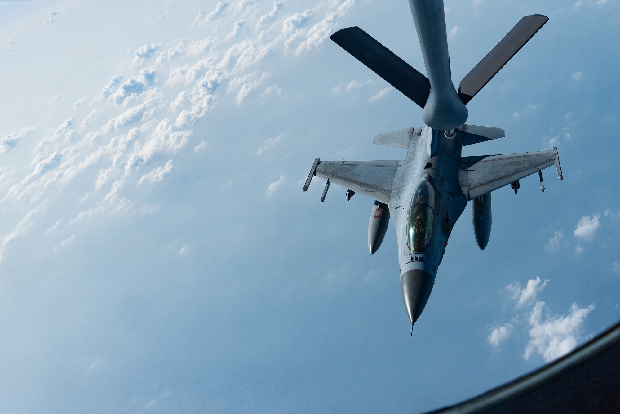 A Republic of Korea Air Force F-16D Fighting Falcon disengages from a KC-135 Stratotanker from the 909th Air Refueling Squadron during a training exercise Oct. 8, 2019. The U.S.-ROK alliance is increasingly global in nature, and both countries are partners on a broad range of security, development, and economic initiatives around the world. This expanding cooperation benefits not only Northeast Asia, but also promotes peace and security for the international community. (U.S. Air Force photo by Senior Airman Cynthia Belío)