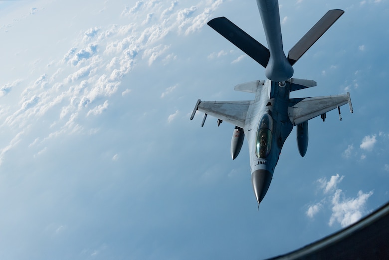 A Republic of Korea Air Force F-16D Fighting Falcon disengages from a KC-135 Stratotanker from the 909th Air Refueling Squadron during a training exercise Oct. 8, 2019. The U.S.-ROK alliance is increasingly global in nature, and both countries are partners on a broad range of security, development, and economic initiatives around the world. This expanding cooperation benefits not only Northeast Asia, but also promotes peace and security for the international community. (U.S. Air Force photo by Senior Airman Cynthia Belío)