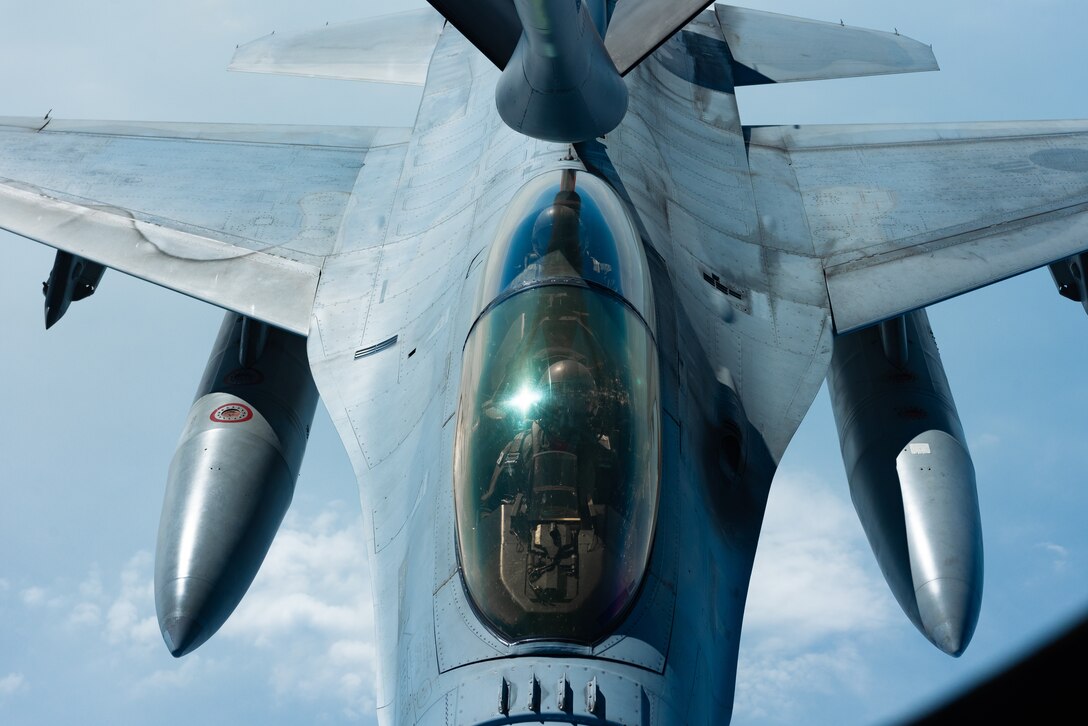 A Republic of Korea Air Force F-16D Fighting Falcon refuels with a KC-135 Stratotanker from the 909th Air Refueling Squadron during a training exercise Oct. 8, 2019. The 909th ARS from Kadena Air Base trained with the ROKAF Falcons to deepen interoperability, enhancing joint lethality to maintain peace in a contested environment. The U.S. Indo-Pacific Command is committed to enhancing stability in the Asia-Pacific region by promoting security cooperation, encouraging peaceful development, responding to contingencies, deterring aggression, and, when necessary, fighting to win. This approach is based on partnership, presence, and military readiness. (U.S. Air Force photo by Senior Airman Cynthia Belío)