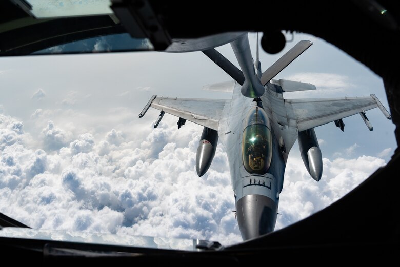 A Republic of Korea Air Force F-16D Fighting Falcon refuels with a KC-135 Stratotanker from the 909th Air Refueling Squadron during a training exercise Oct. 8, 2019. The Department of Defense continues to strengthen the alliances and partnerships in the Indo-Pacific to a networked security architecture capable of deterring aggression, maintaining stability, and ensuring free access to common domains. With key countries in the region, such as the Republic of Korea, the bilateral and multilateral security relationships will come together to preserve a free and open Indo-Pacific. (U.S. Air Force photo by Senior Airman Cynthia Belío)