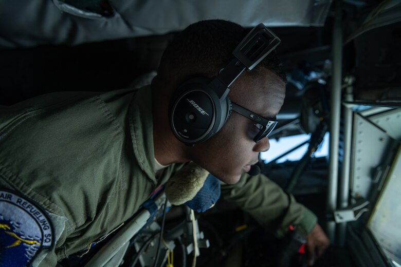 U.S. Air Force Staff Sgt. James Walker, 909th Air Refueling Squadron boom operator, works the controls in his boom pod during a training exercise Oct. 8, 2019. The 909th ARS helps ensure a free-and-open Indo-Pacific by providing air refueling to U.S., allies and partners within the area of responsibility. The 909th trained with Republic of Korea Air Force F-16D Falcons as part an ongoing military alliance. The U.S.-ROK partnership is increasingly global in nature and our countries are partners on a broad range of security, development and economic initiatives around the world. (U.S. Air Force photo by Senior Airman Matthew Seefeldt)