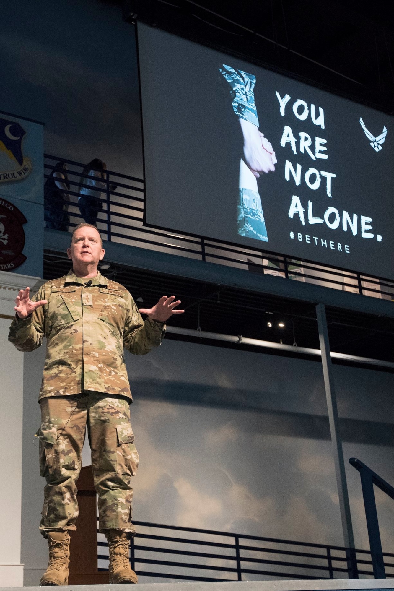 Lt. Gen. Richard W. Scobee, Commander, Air Force Reserve Command, briefs about the importance of seeking mental health help during a resiliency briefing at the Museum of Aviation, Warner Robins, Georgia, Sept 3, 2019. (U.S. Air Force photo by MSgt Stephen D. Schester)
