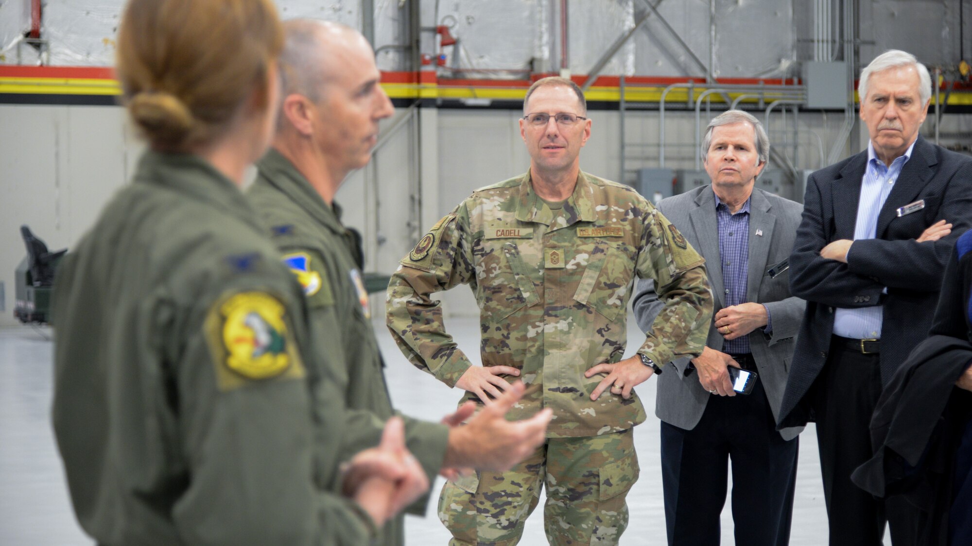 Chief Master Sgt. Stanley C. Cadell, command chief for Air Force Materiel Command, during a base visit Oct. 21, 2019, at Hill Air Force Base, Utah. Cadell, Gen. Arnold W. Bunch, Jr., commander for AFMC, and community leaders from around the country visited Hill as part of the command’s Civic Leader Program. The CLP members meet twice annually to hear updates on AFMC and Air Force issues. (U.S. Air Force photo by Cynthia Griggs)