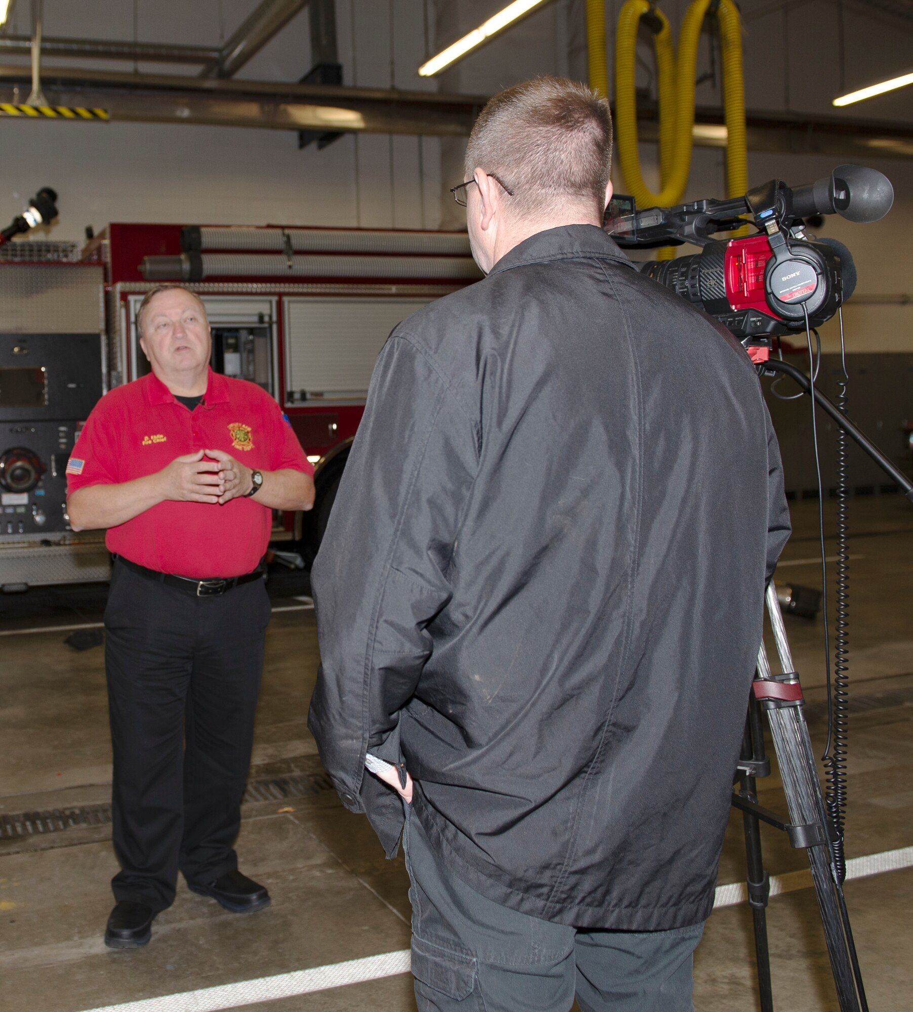 Fire Chief David Eblin, Offutt Air Force Base Fire Department, answers questions during an interview Oct. 7, 2019, at Bellevue Fire Department District 4 Bellevue, Nebraska. The city of Bellevue and its fire department offered their fire station at District 4, which had the available space for Station 2 crew members. This allowed Offutt AFB Station 2 firefighters the ability to provide reasonable response times to their area of responsibility, which includes three schools and other government structures. The renovation began earlier this year and is scheduled to be completed in March 2020.